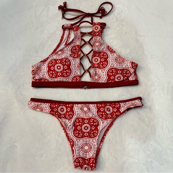 SHEIN Women’s Tribal Aztec Geometric Halter Top High Waist Bikini - red, size L - Picture 2 of 10